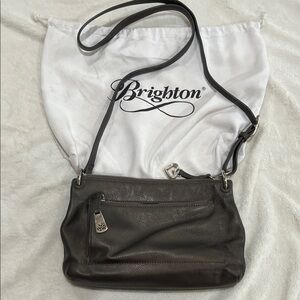 Brighton Bria Messenger crossbody bag in pewter pebbled leather. Used.
